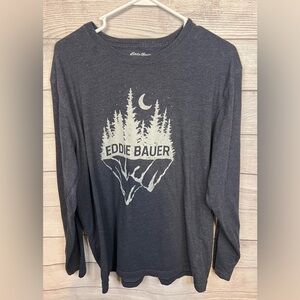Eddie Bauer Men’s Heather Navy Long Sleeve Graphic Mountain Forest Tee L